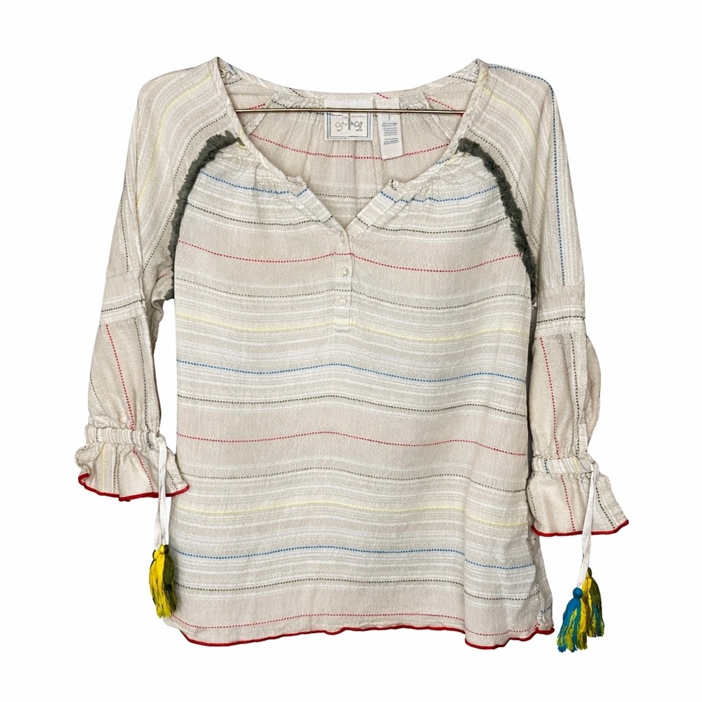 CG L CG Boho Peasant Blouse Size S Stripe Tassel Sleeve Festival Cottagecore - Picture 2 of 6